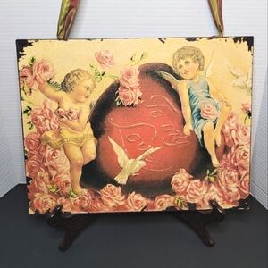 Cherub Art with Pink Roses TO MY LOVE Large Vintage Metal Sign Wall Art